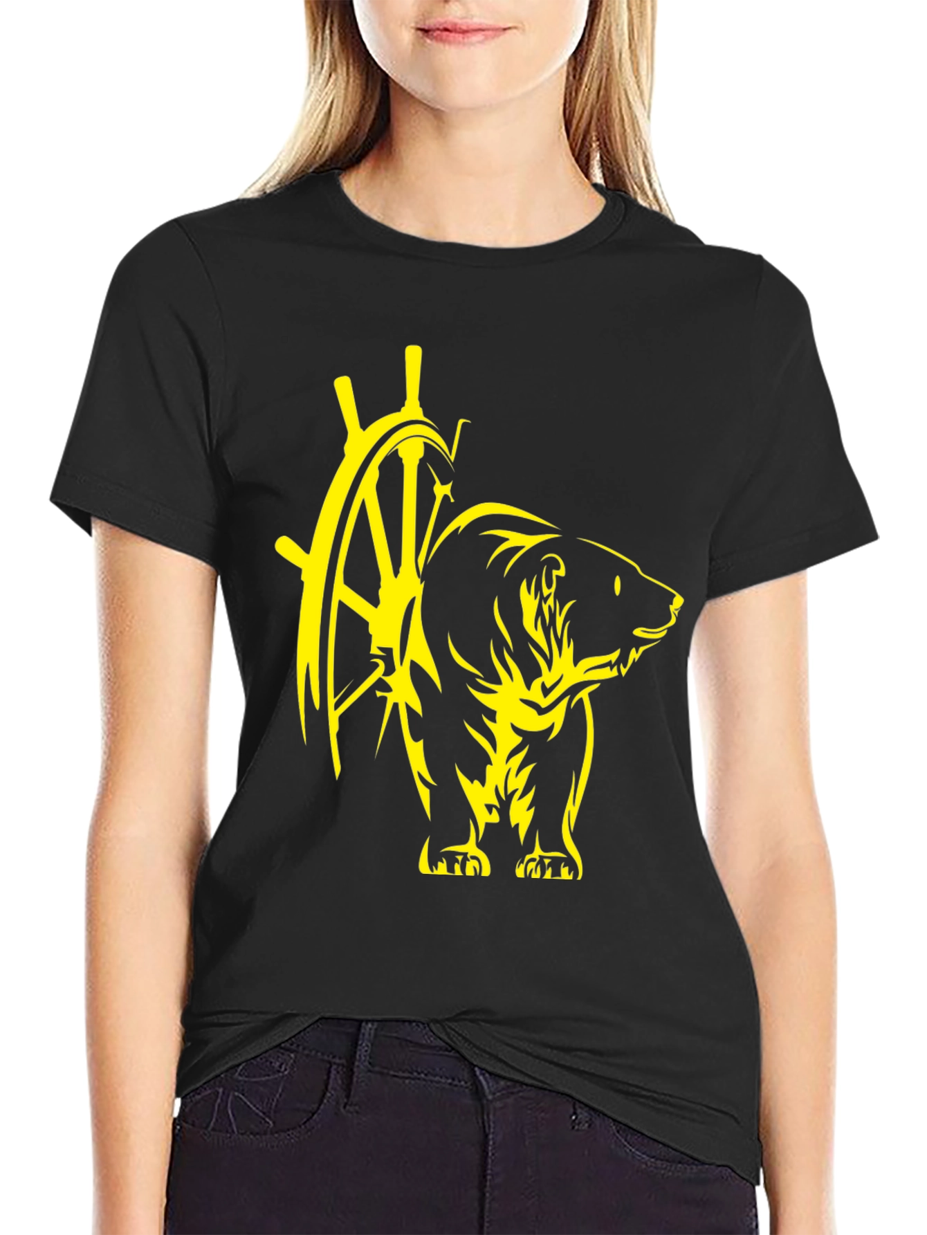 Black Bear & Ship Wheel Graphic Tee - Nautical Style