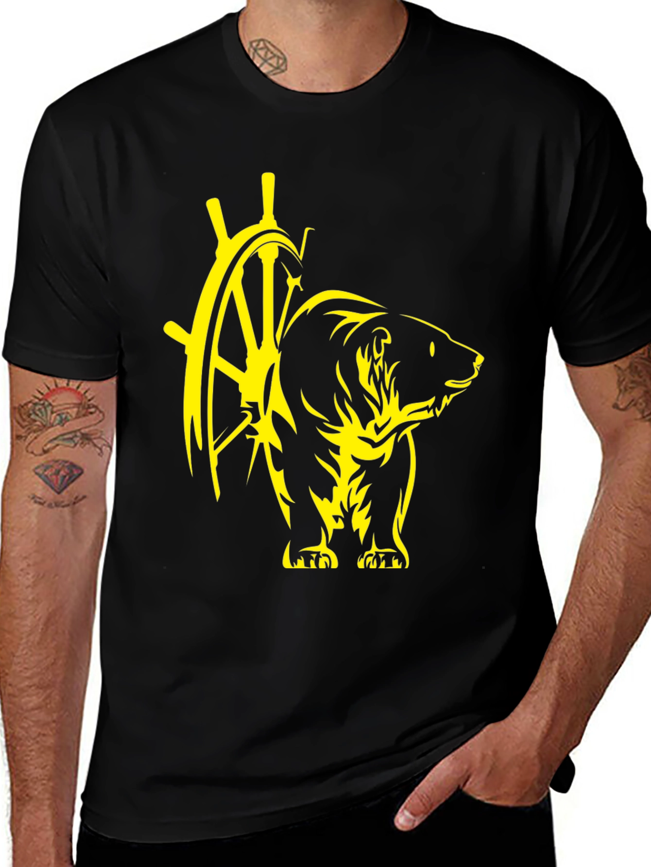 Black Bear & Ship Wheel Graphic Tee - Nautical Style
