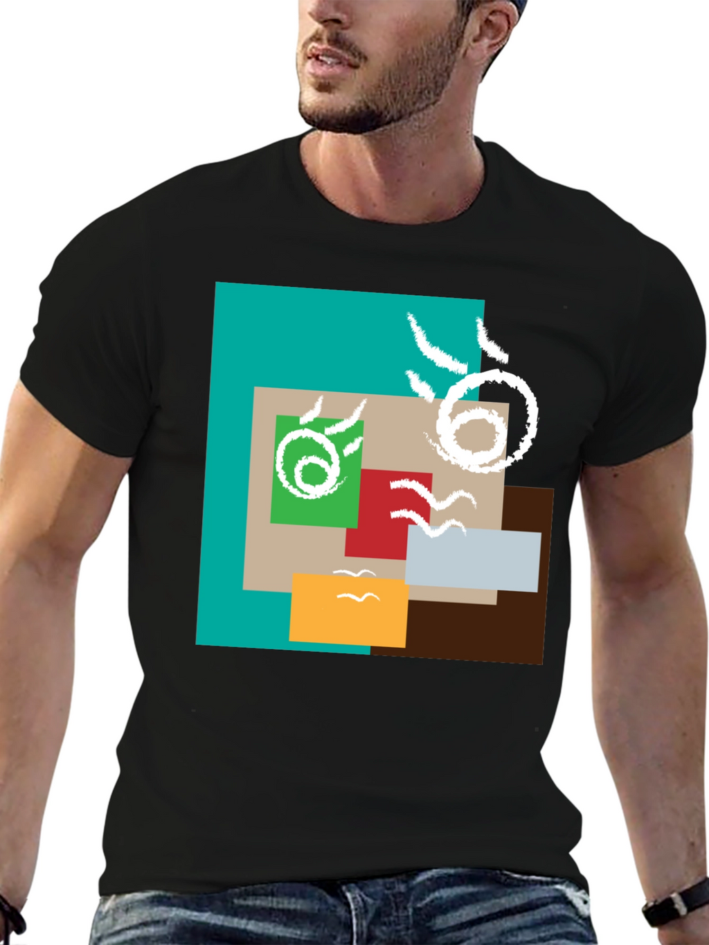 Abstract Squares Graphic Print Black Tee