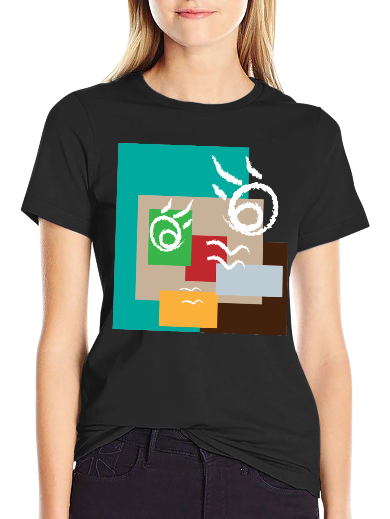 Abstract Squares Graphic Print Black Tee