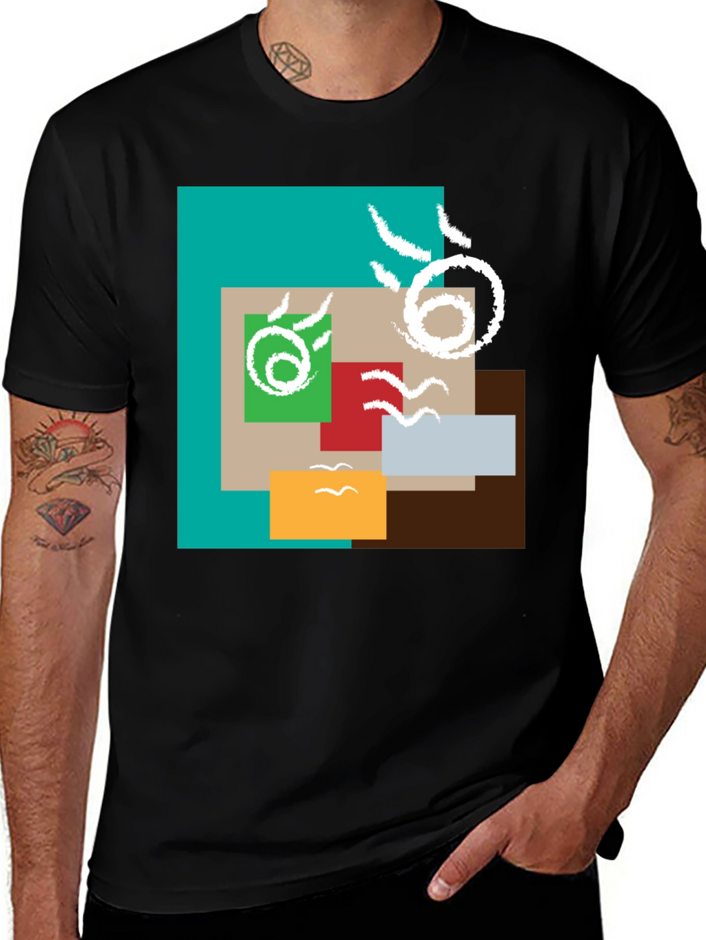 Abstract Squares Graphic Print Black Tee