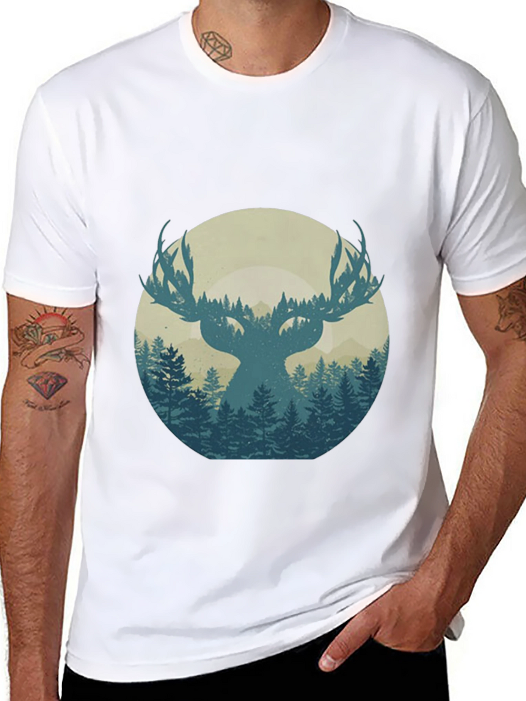 Nature Deer Silhouette Graphic Tee - Mens Black T-Shirt