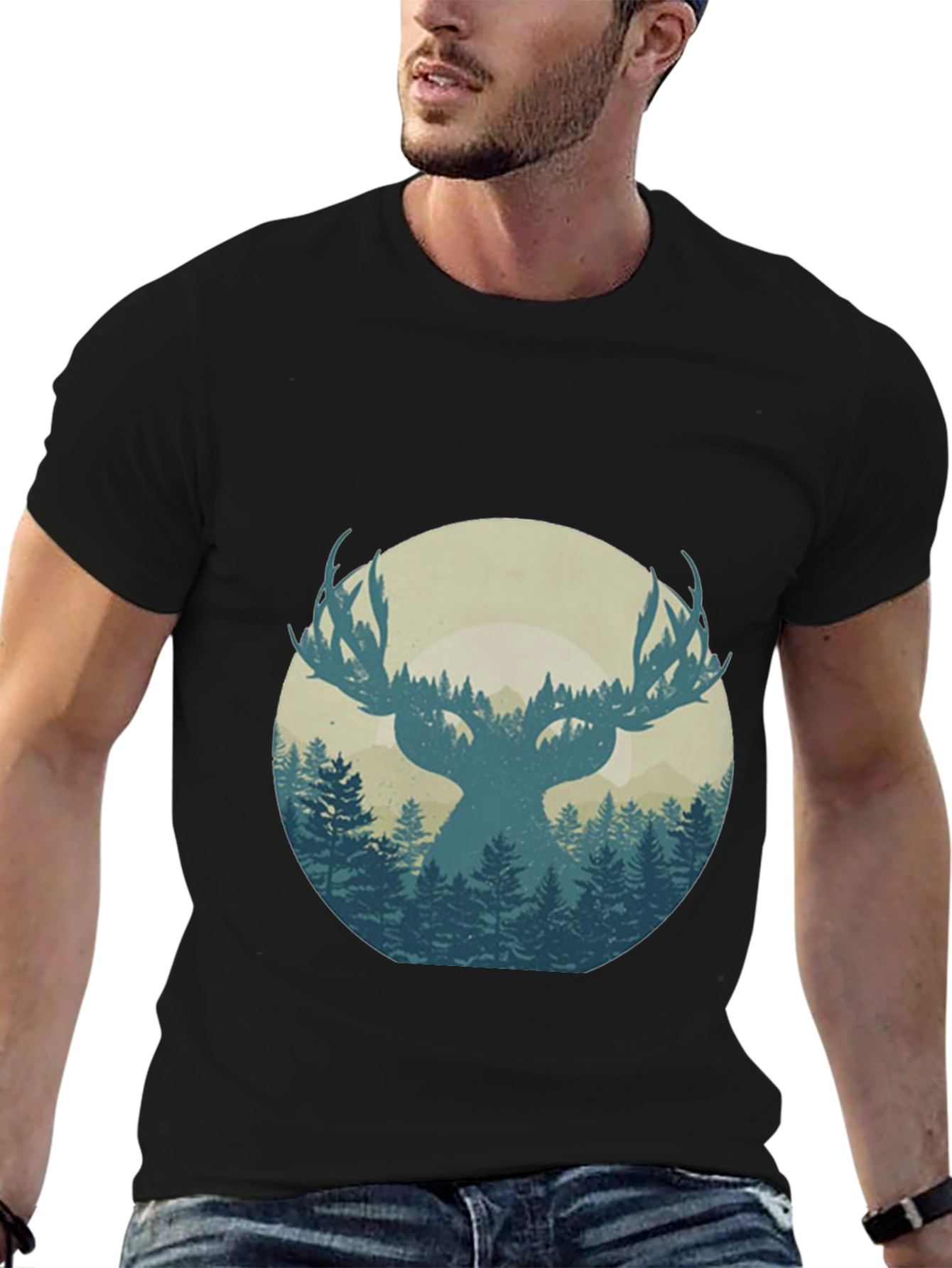 Nature Deer Silhouette Graphic Tee - Mens Black T-Shirt