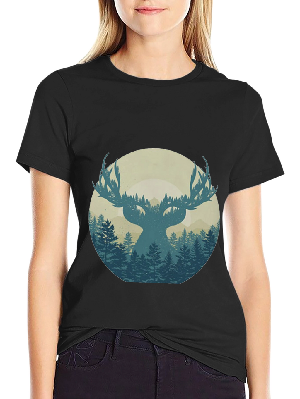 Nature Deer Silhouette Graphic Tee - Mens Black T-Shirt