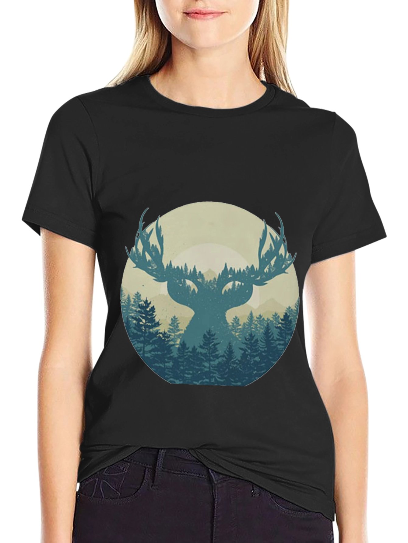 Nature Deer Silhouette Graphic Tee - Mens Black T-Shirt