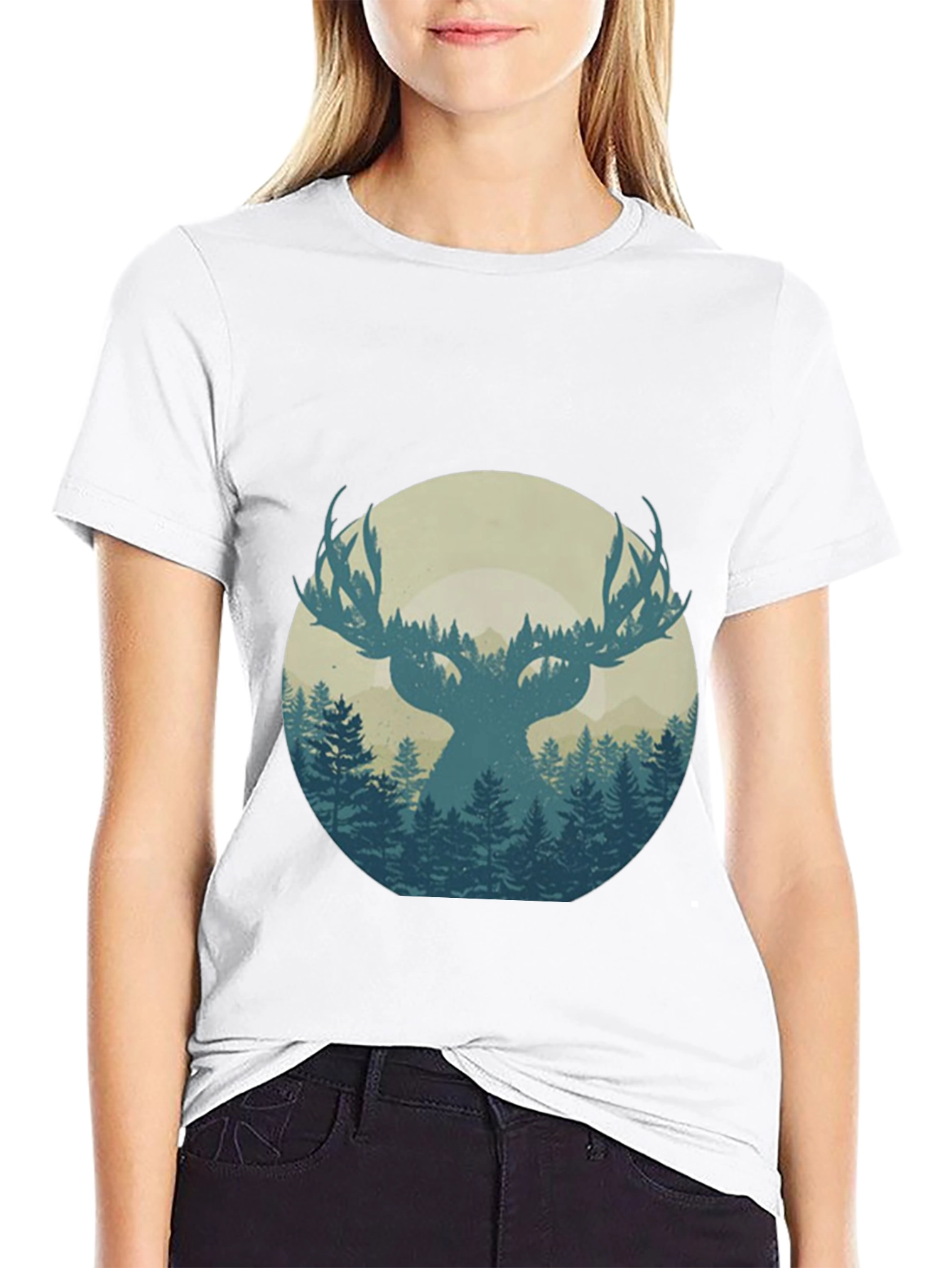 Nature Deer Silhouette Graphic Tee - Mens Black T-Shirt