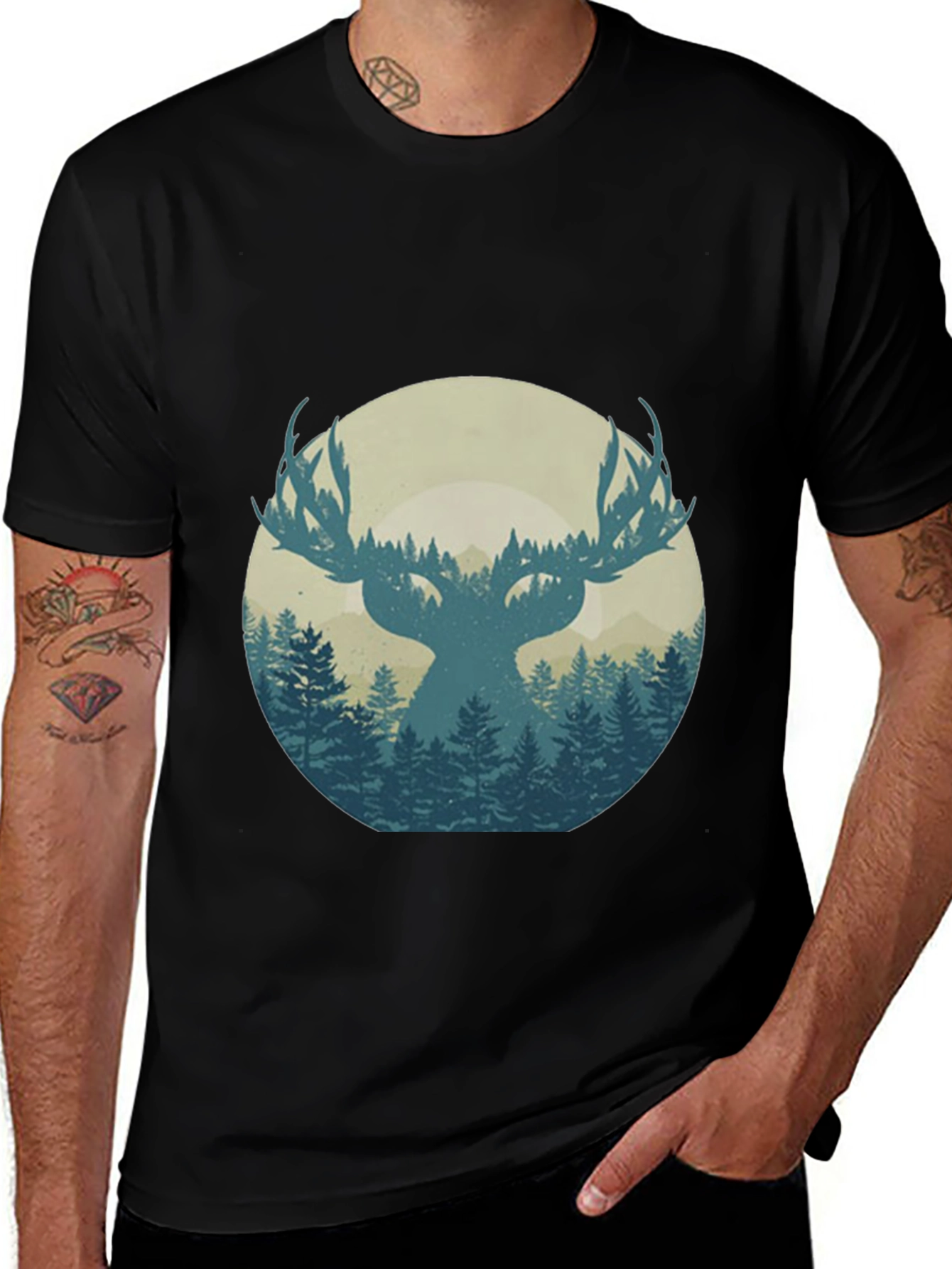 Nature Deer Silhouette Graphic Tee - Mens Black T-Shirt