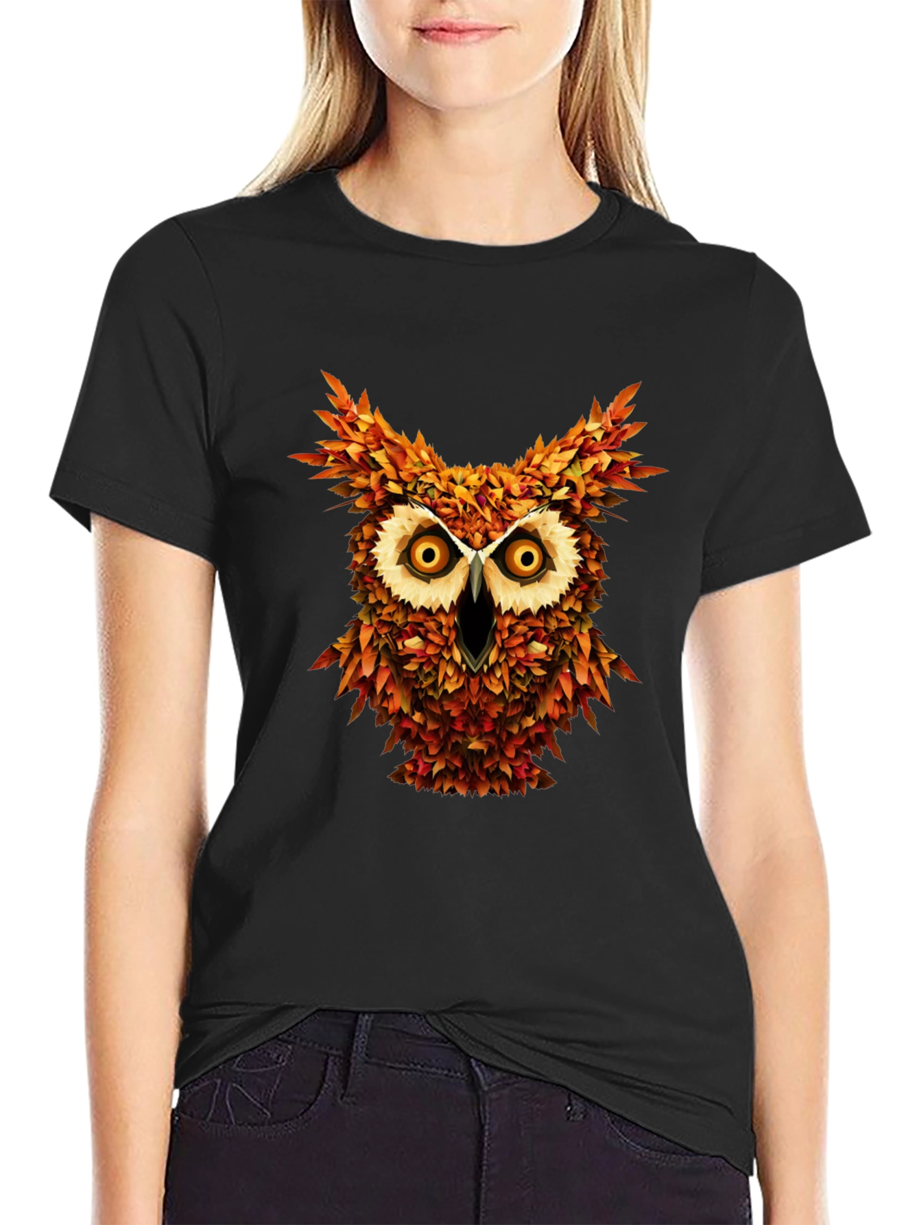 Owl Leaves Graphic T-Shirt