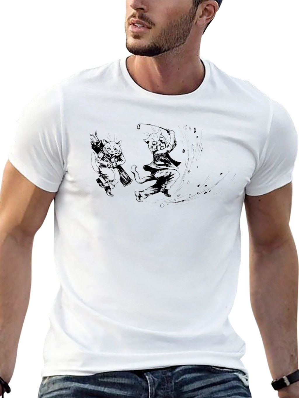 Cartoon Cats Graphic Tee - Black Cotton Blend T-Shirt