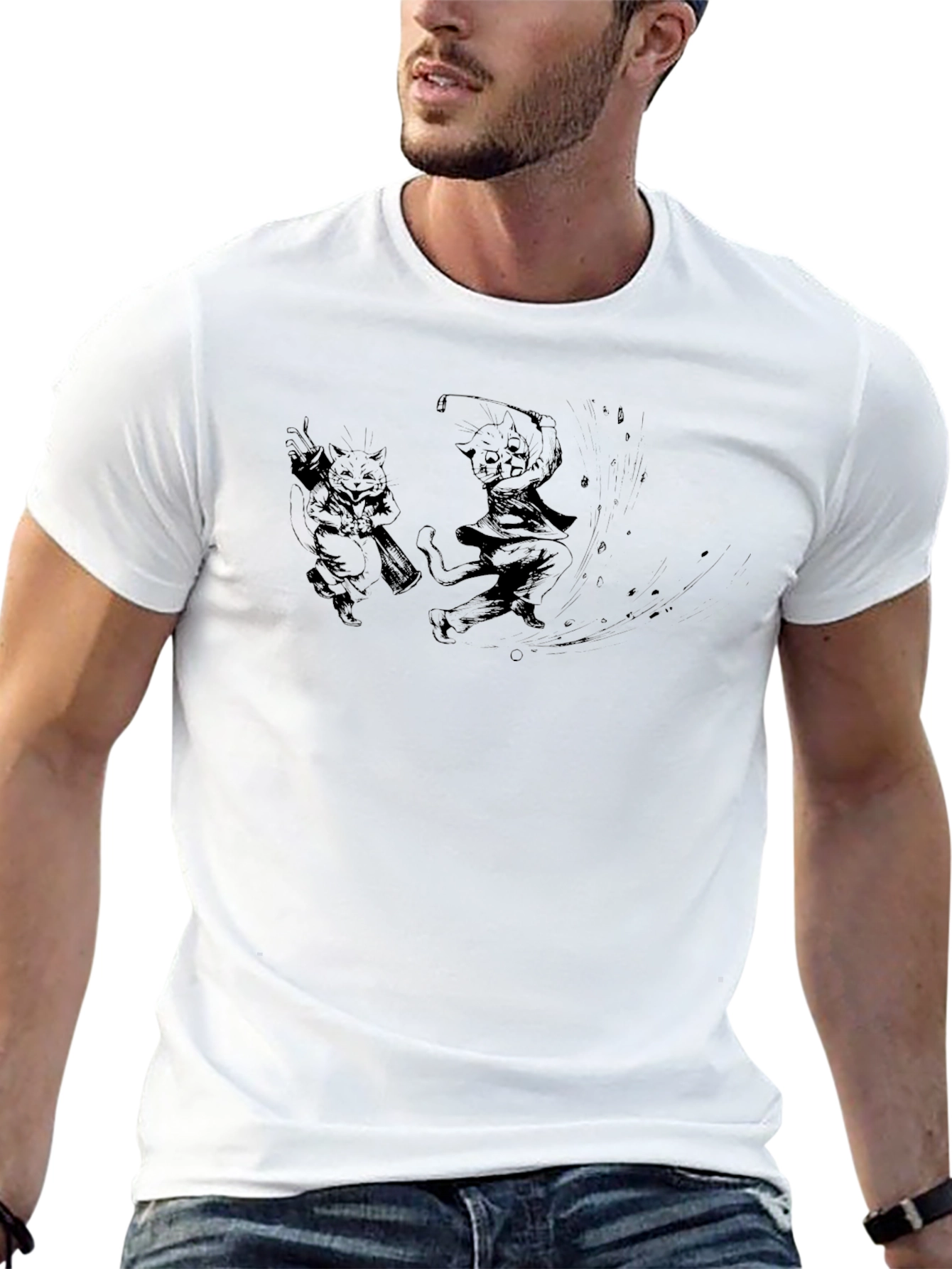 Cartoon Cats Graphic Tee - Black Cotton Blend T-Shirt