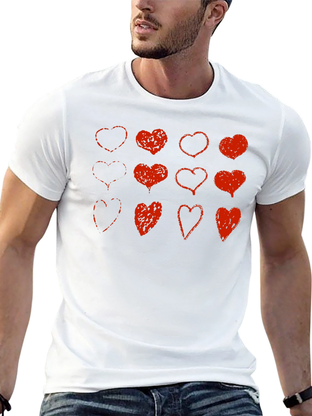 Red Heart Print Black T-Shirt