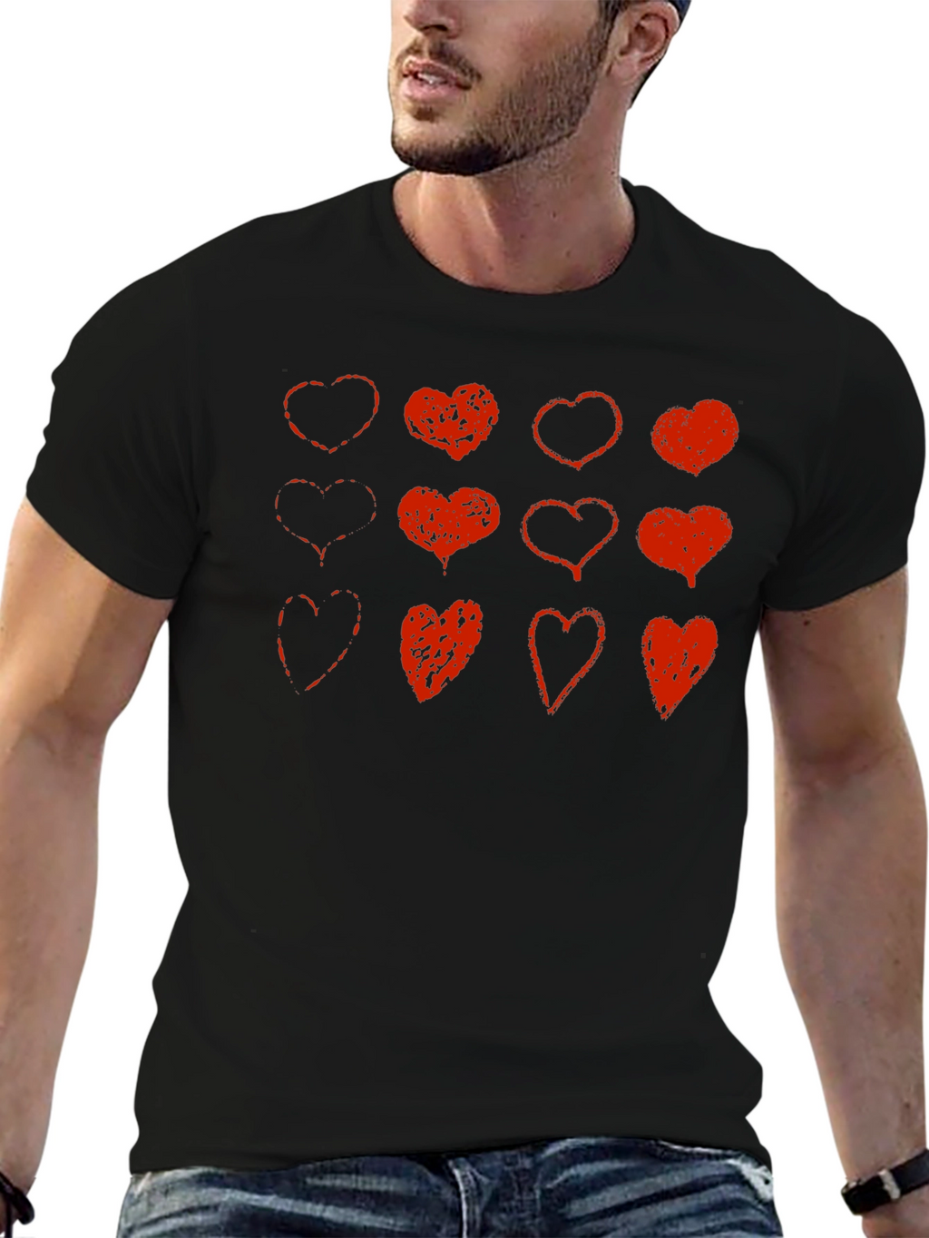 Red Heart Print Black T-Shirt