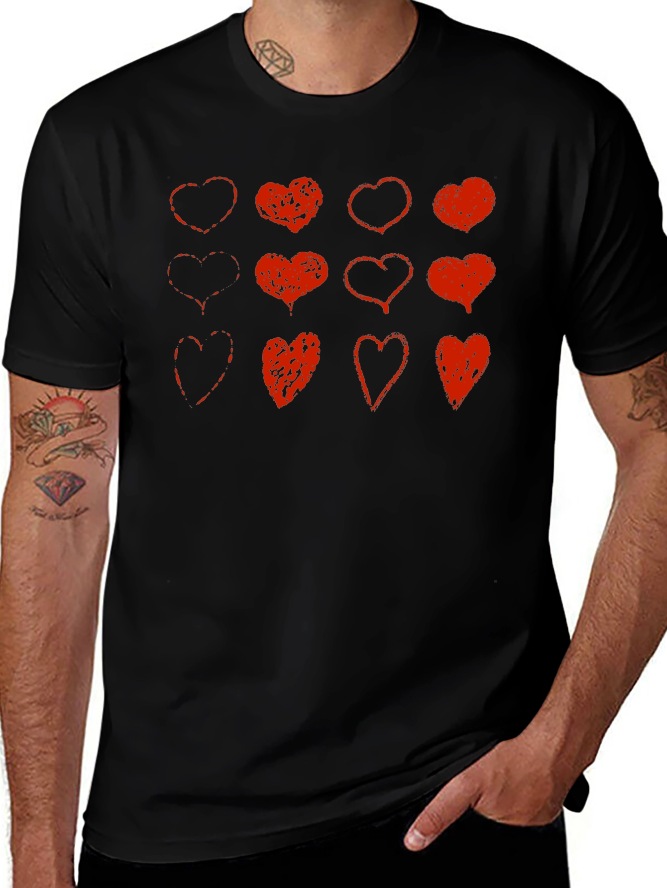 Red Heart Print Black T-Shirt