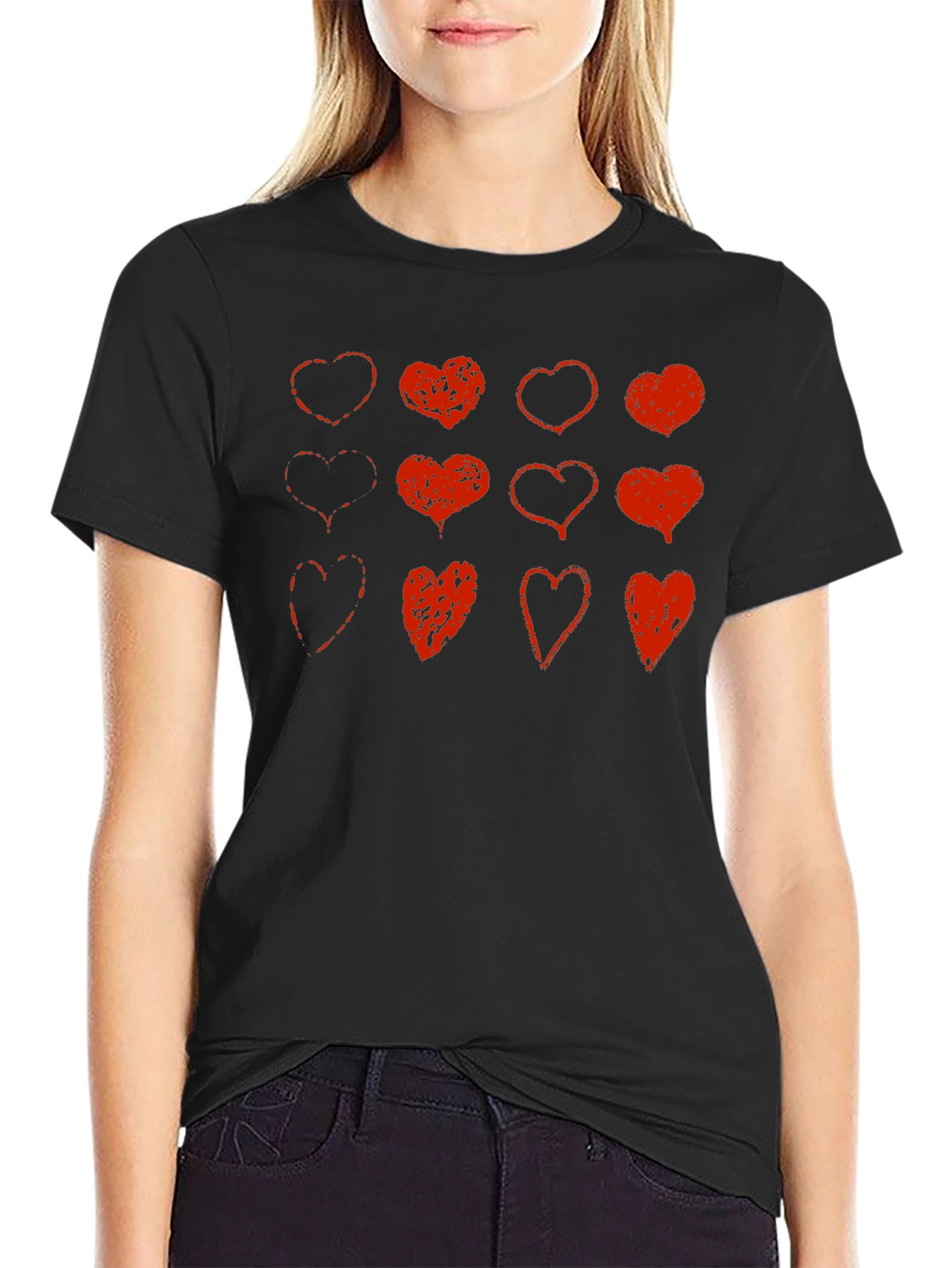 Red Heart Print Black T-Shirt