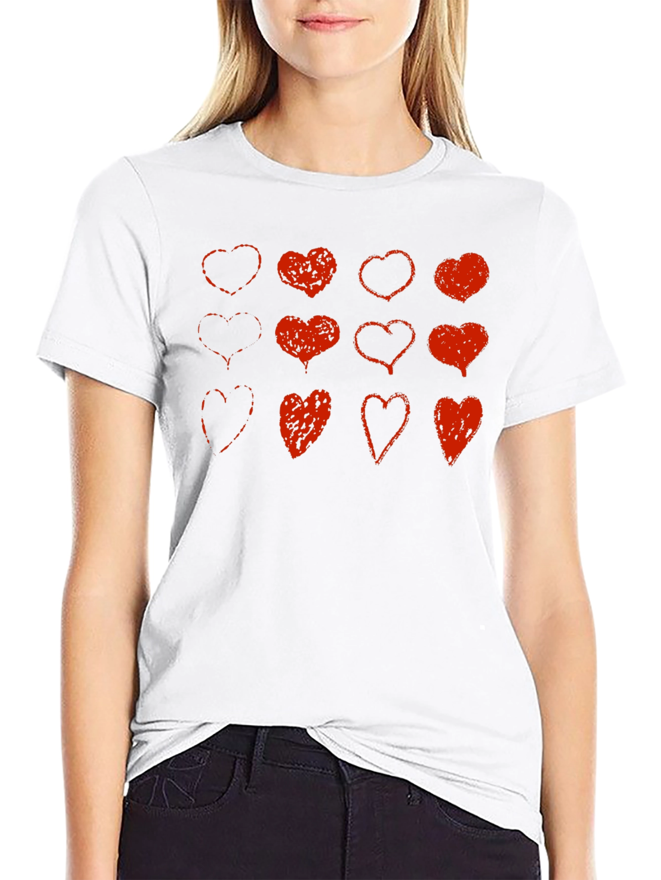 Red Heart Print Black T-Shirt