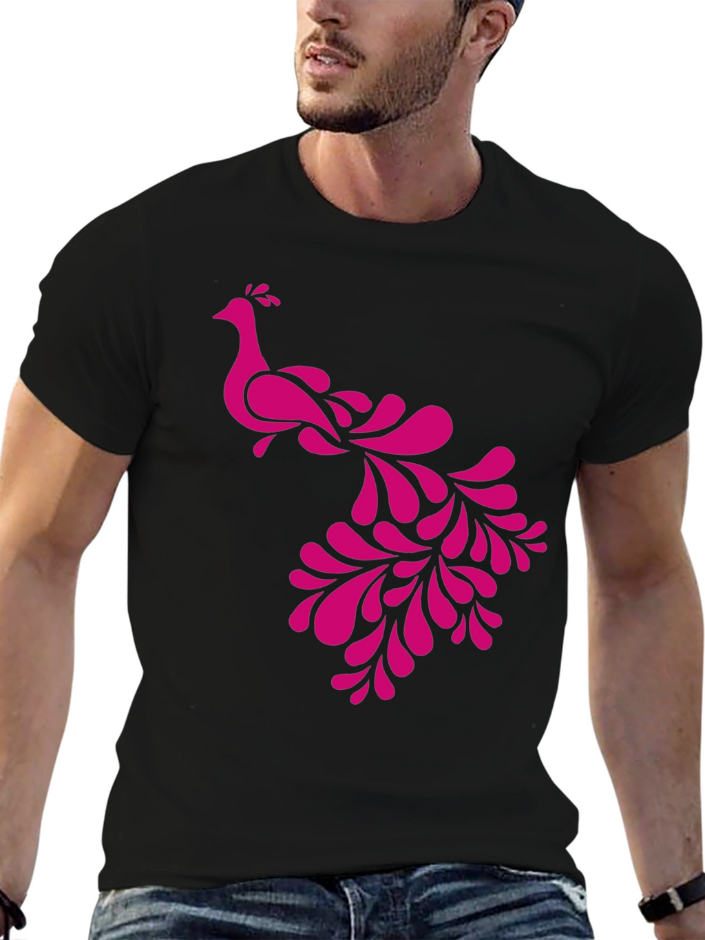 Pink Peacock Graphic Black T-Shirt