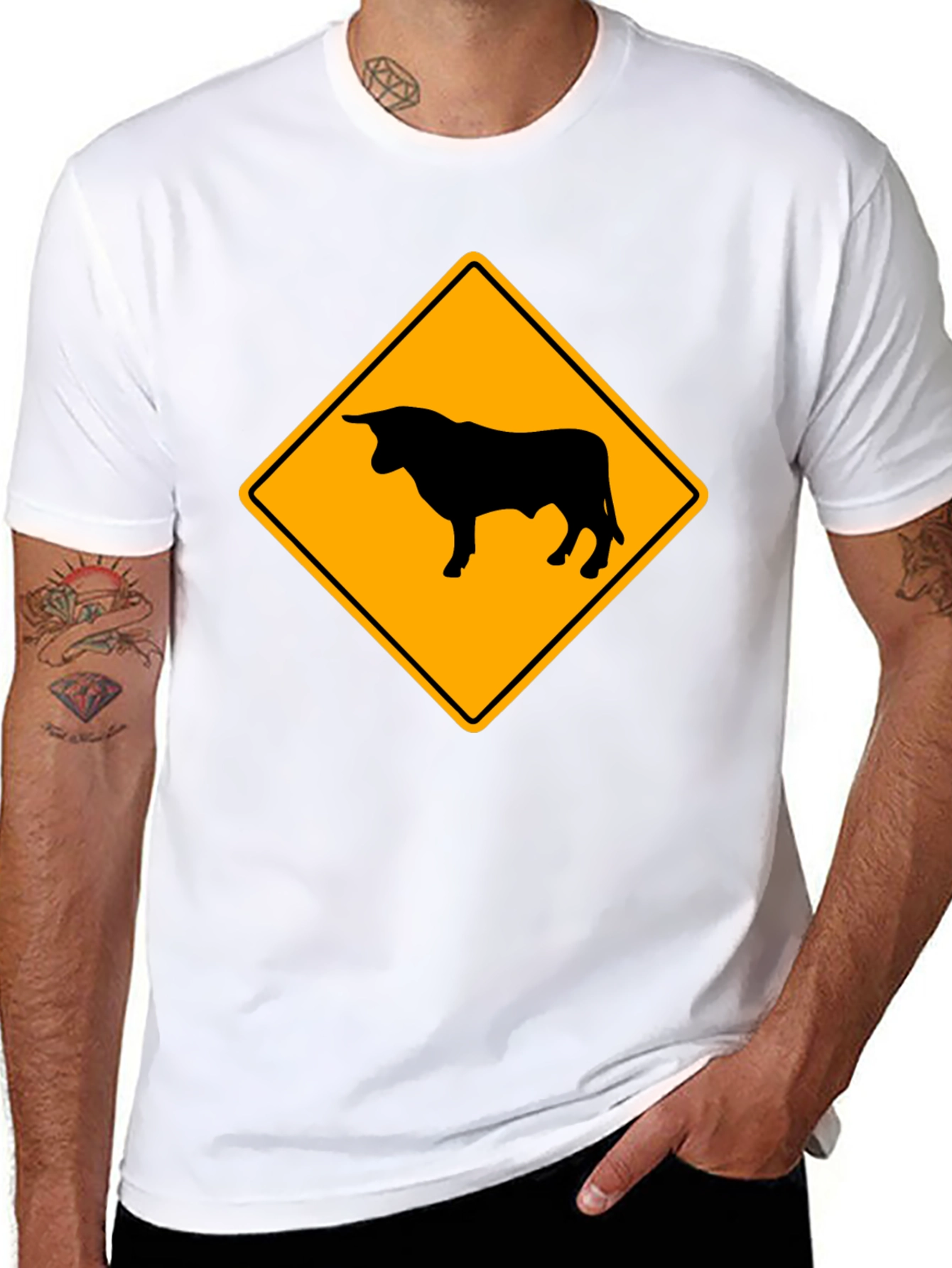 Bull Warning Sign Graphic Tee - Black Cotton T-Shirt