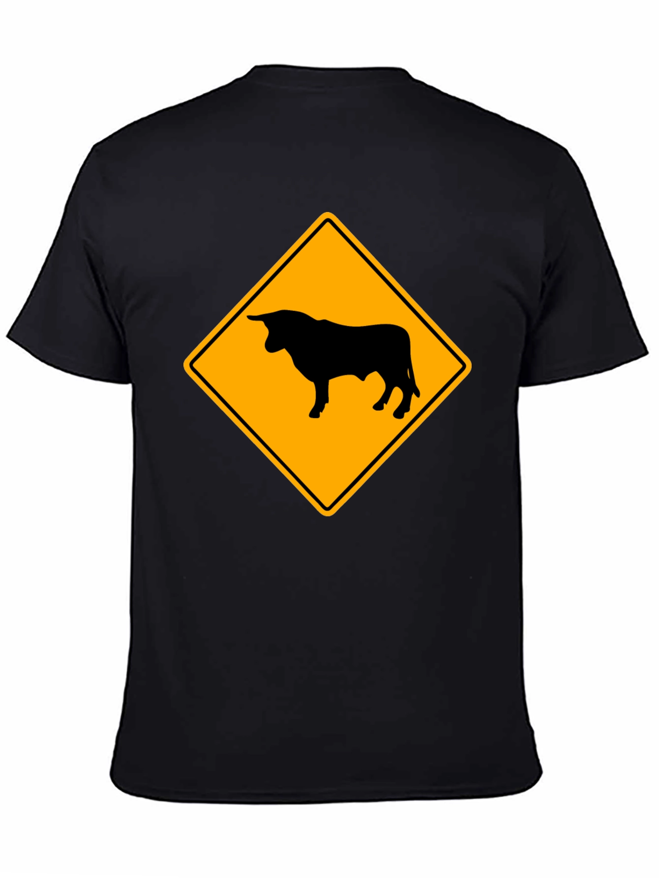 Bull Warning Sign Graphic Tee - Black Cotton T-Shirt