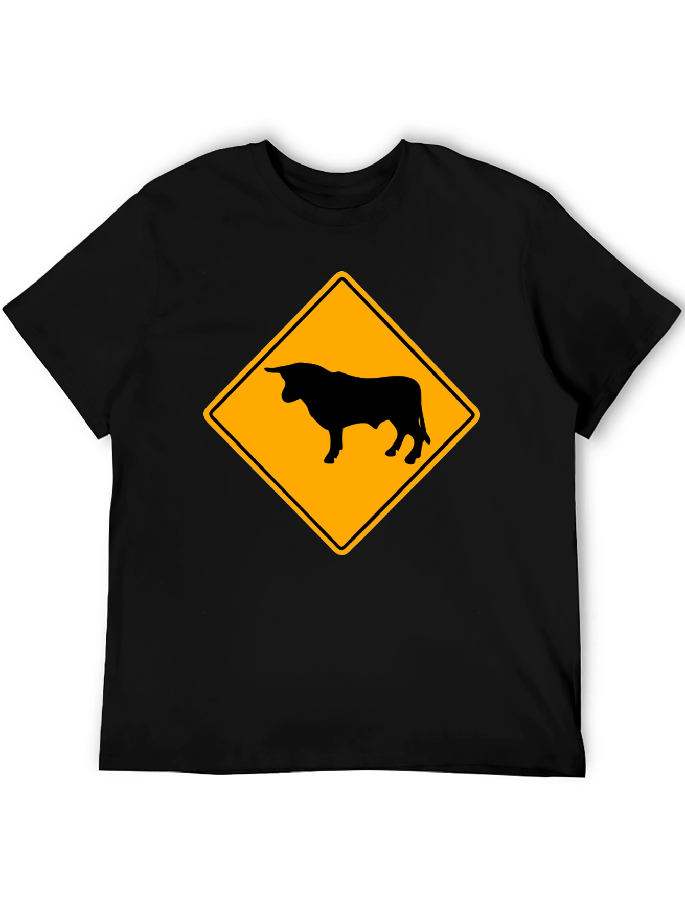 Bull Warning Sign Graphic Tee - Black Cotton T-Shirt