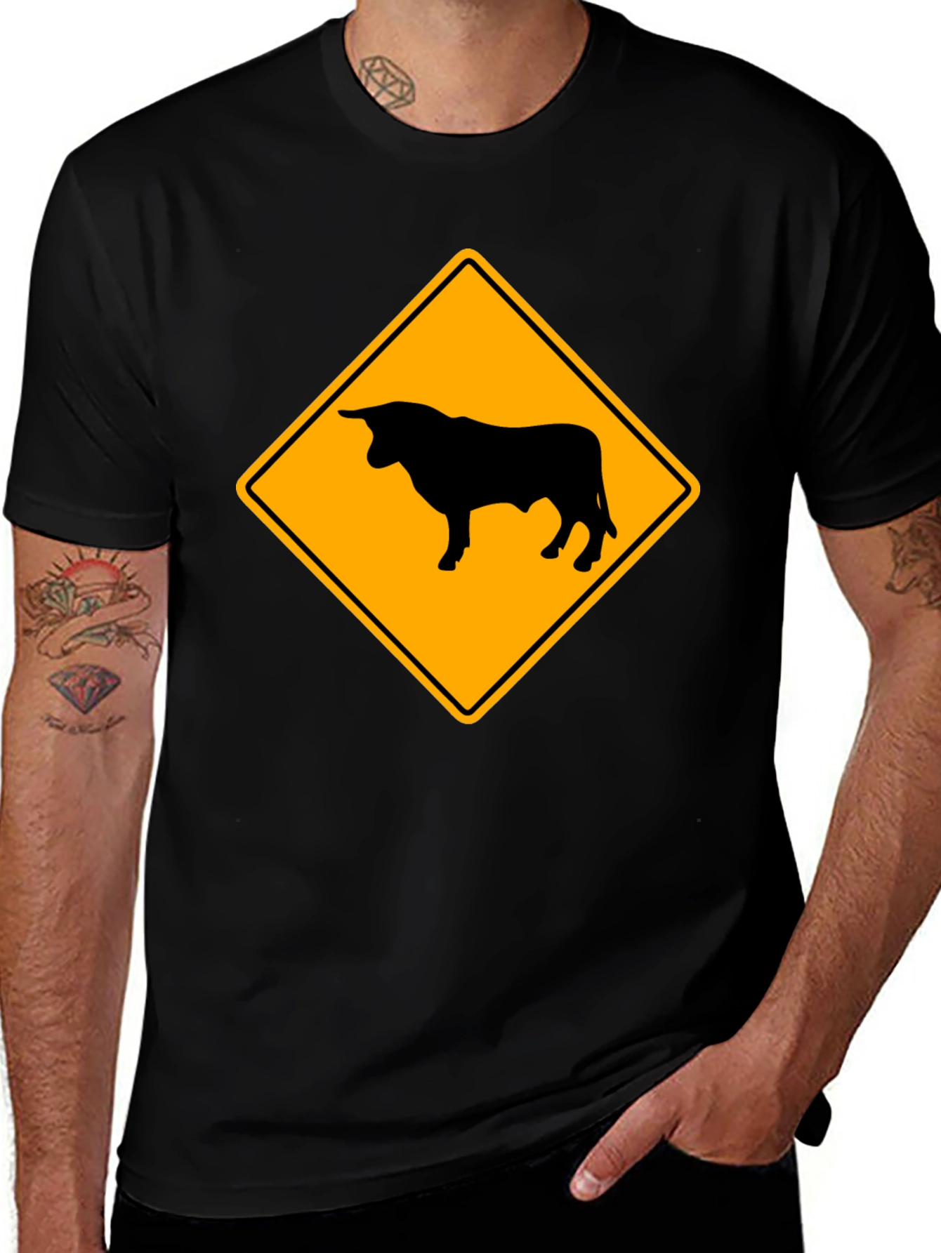Bull Warning Sign Graphic Tee - Black Cotton T-Shirt