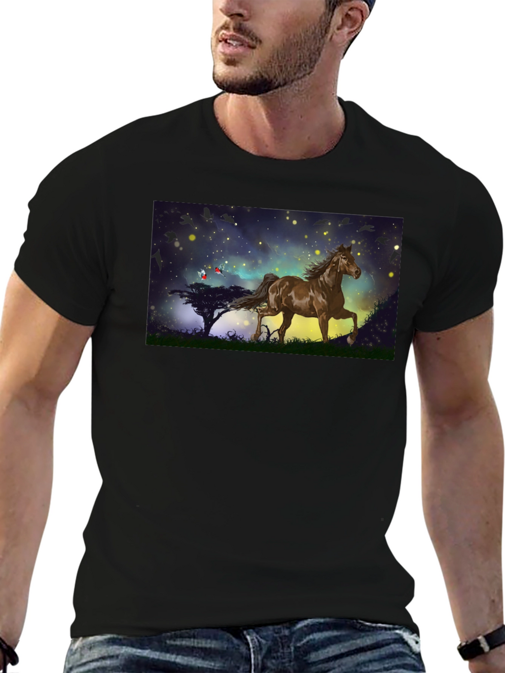 Horse Graphic Tee - Black Cotton Blend T-Shirt