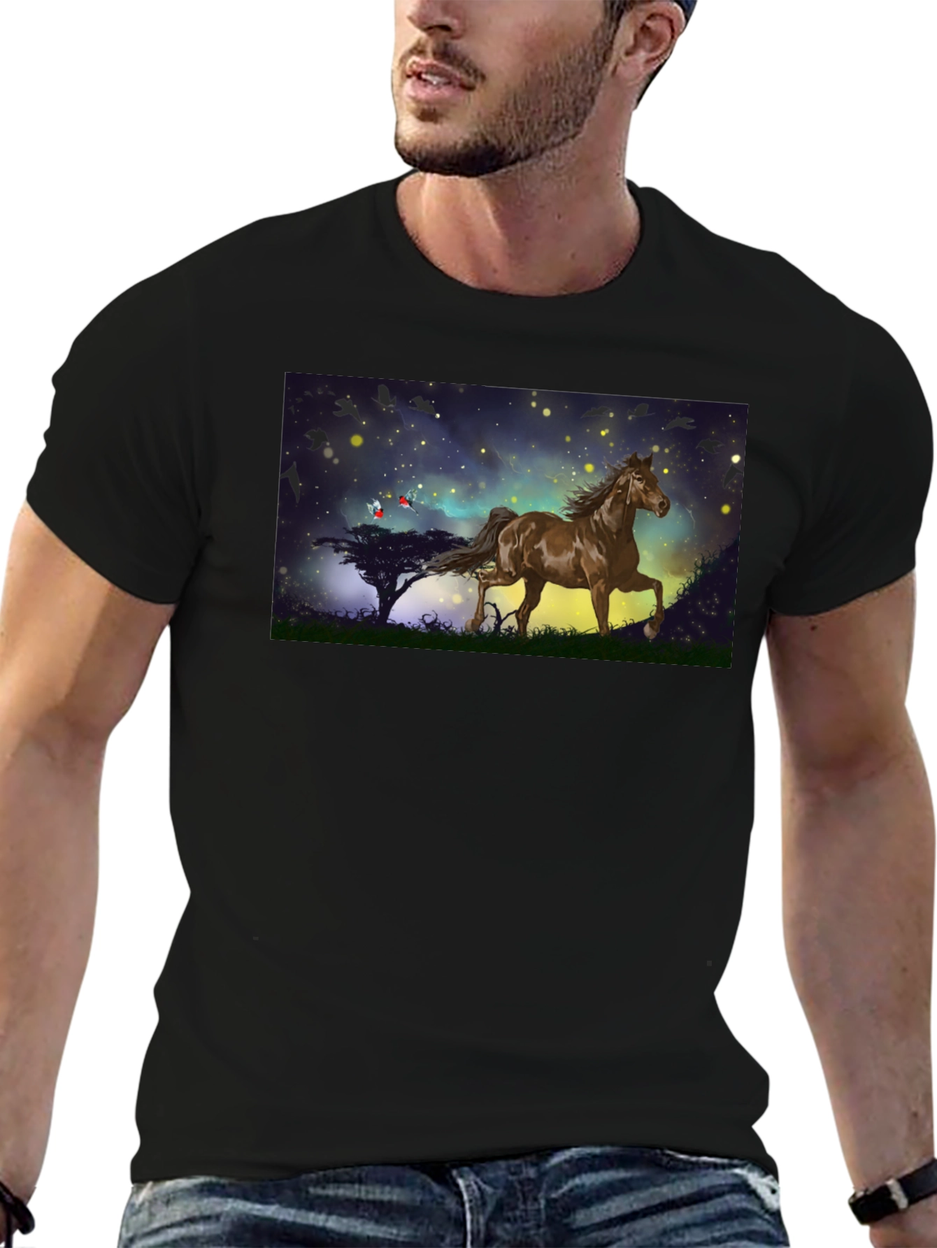 Horse Graphic Tee - Black Cotton Blend T-Shirt