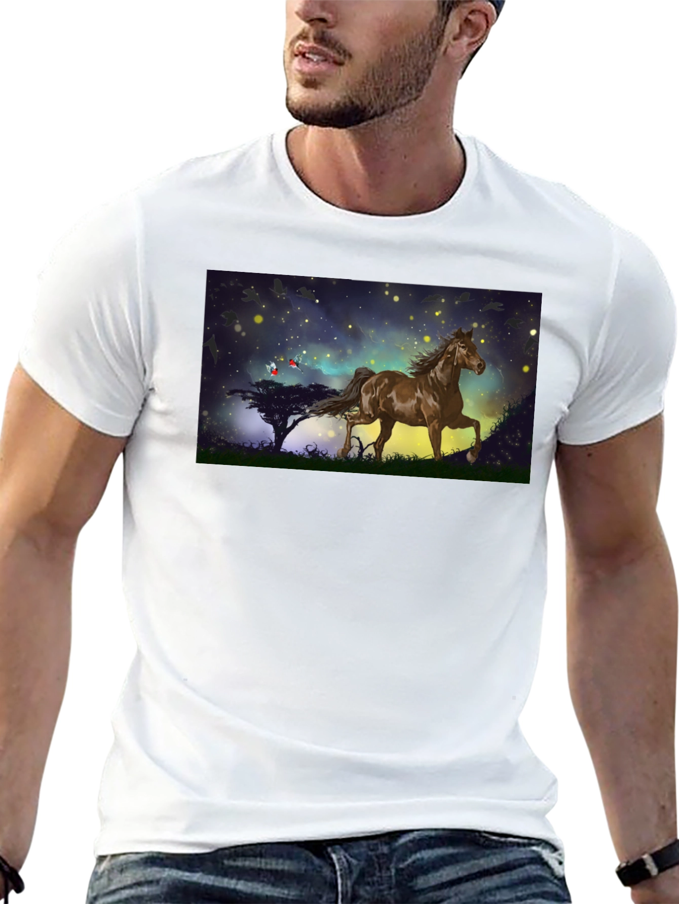 Horse Graphic Tee - Black Cotton Blend T-Shirt