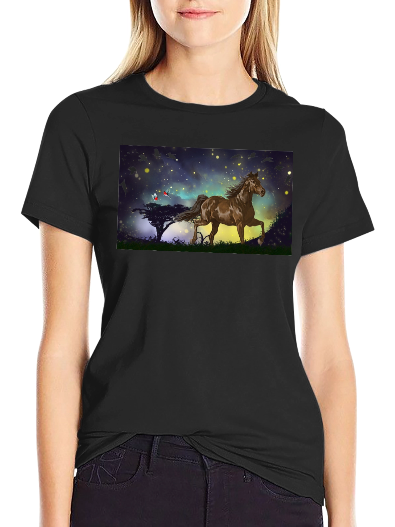 Horse Graphic Tee - Black Cotton Blend T-Shirt