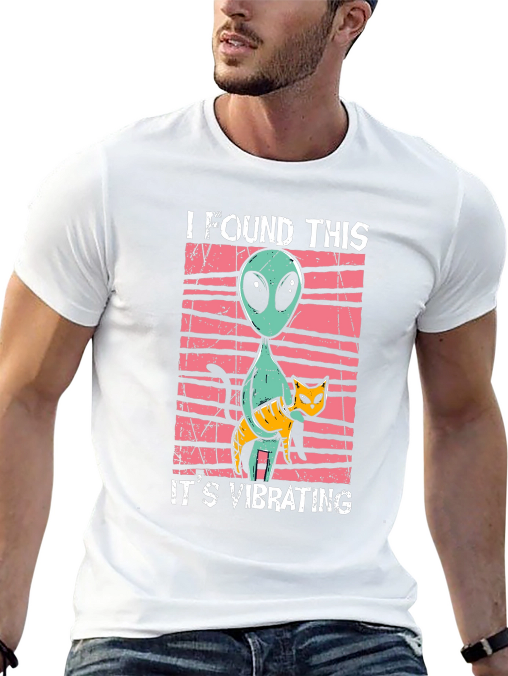 Alien & Cat Vibrating Humor Graphic Tee