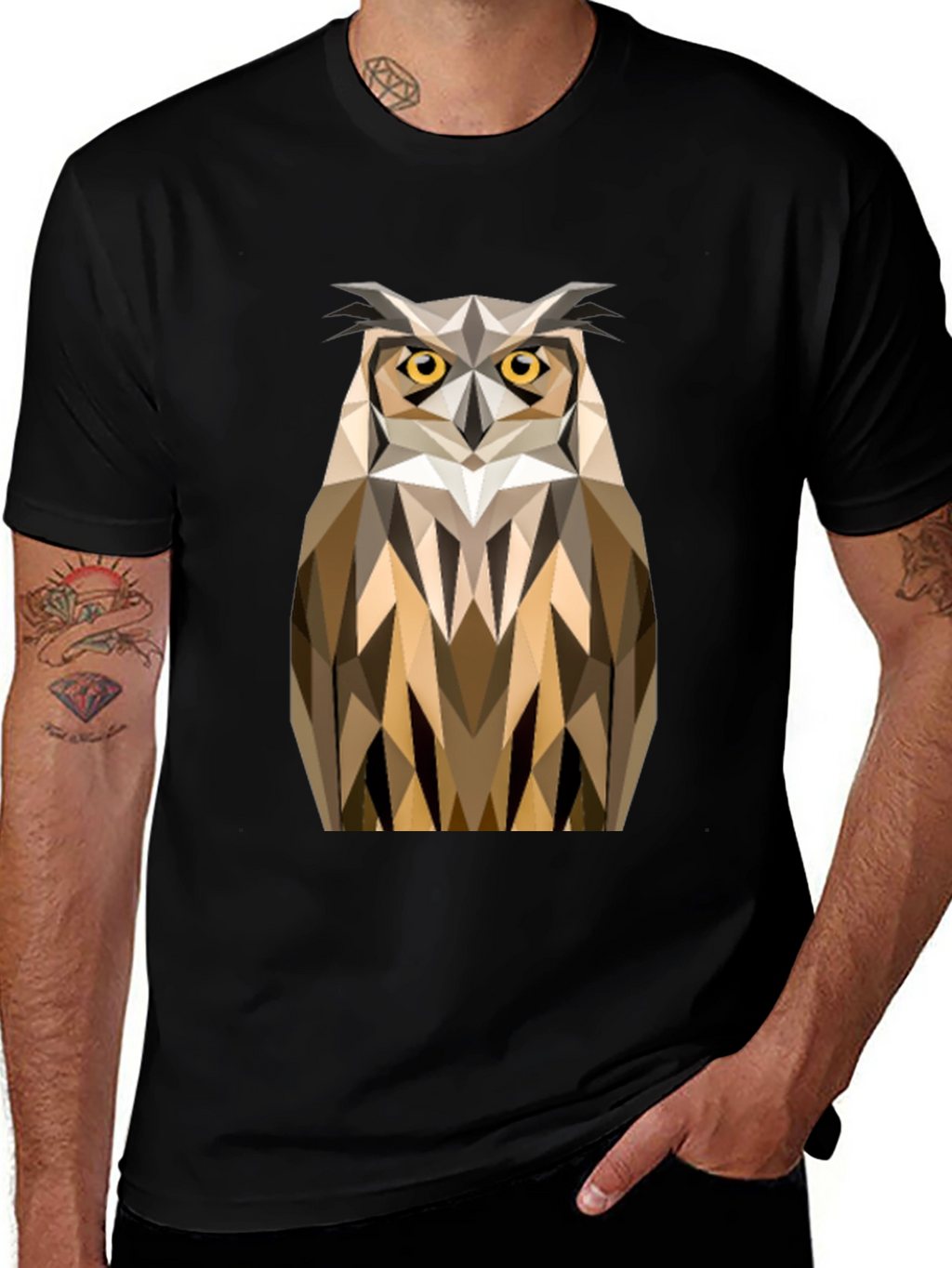 Geometric Owl Print Black T-Shirt