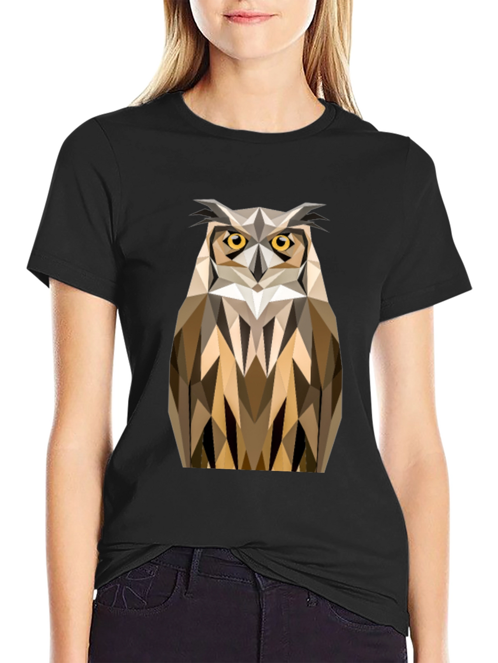 Geometric Owl Print Black T-Shirt