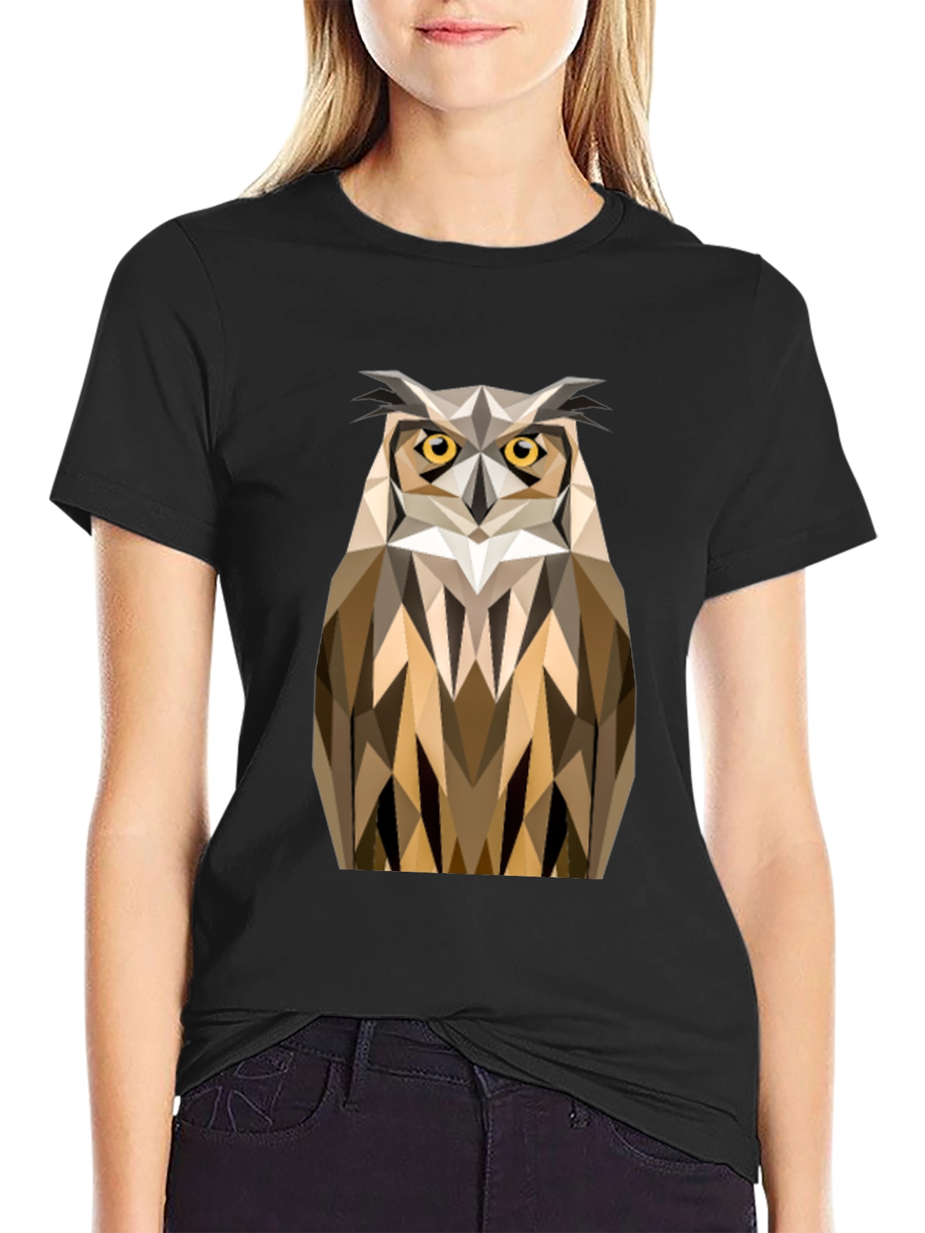 Geometric Owl Print Black T-Shirt