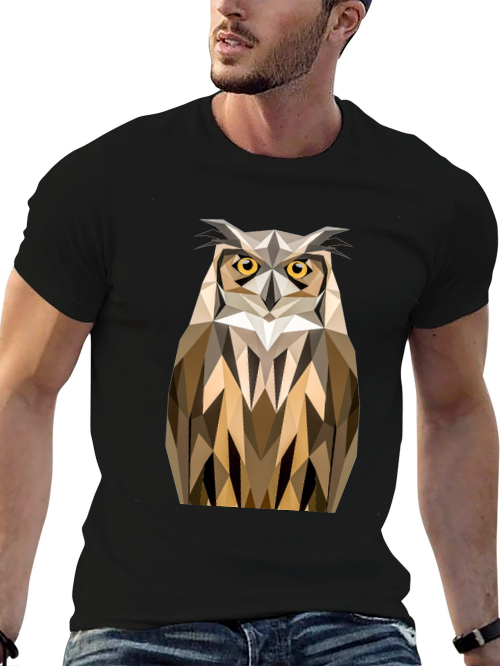 Geometric Owl Print Black T-Shirt