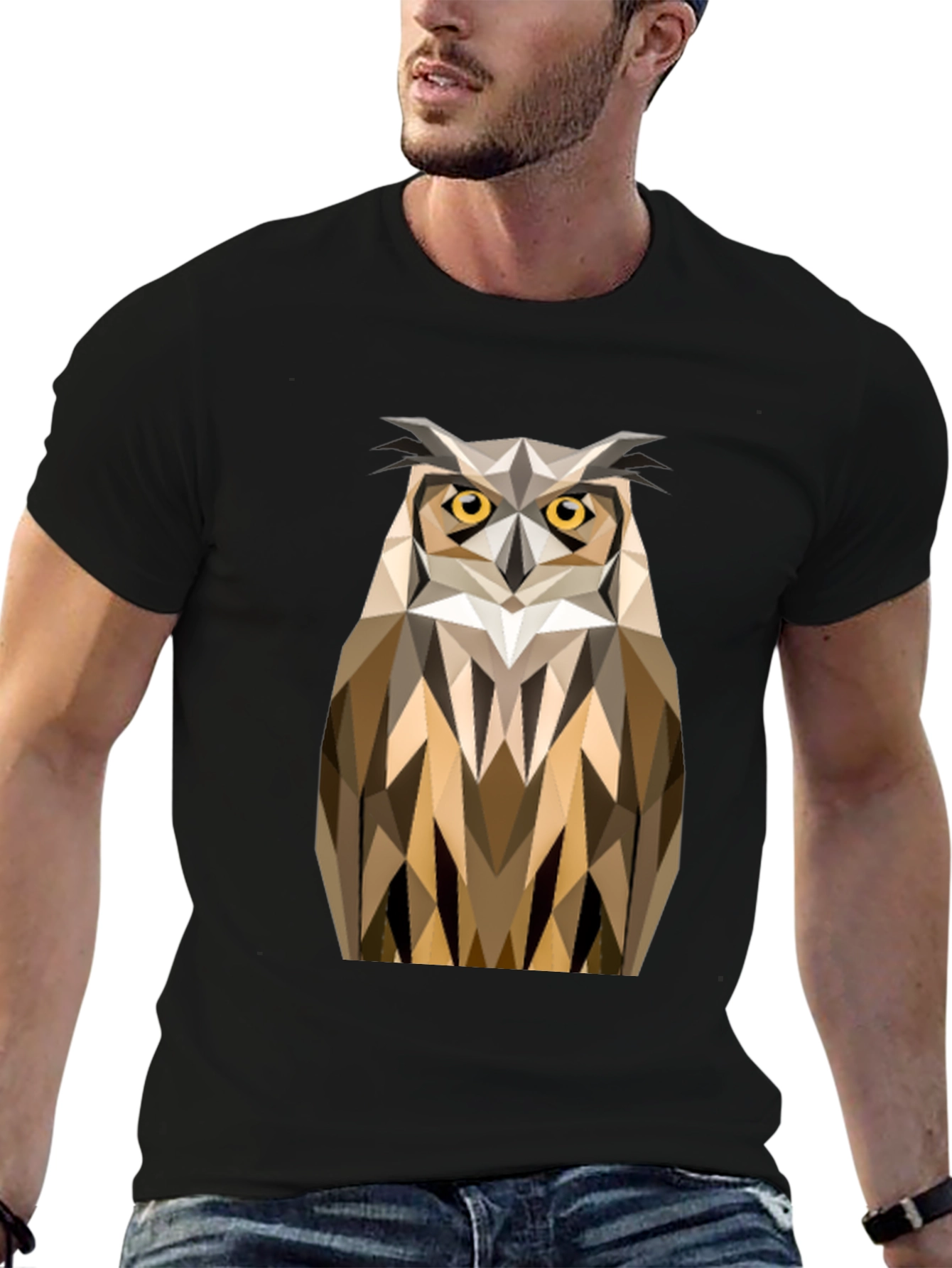 Geometric Owl Print Black T-Shirt