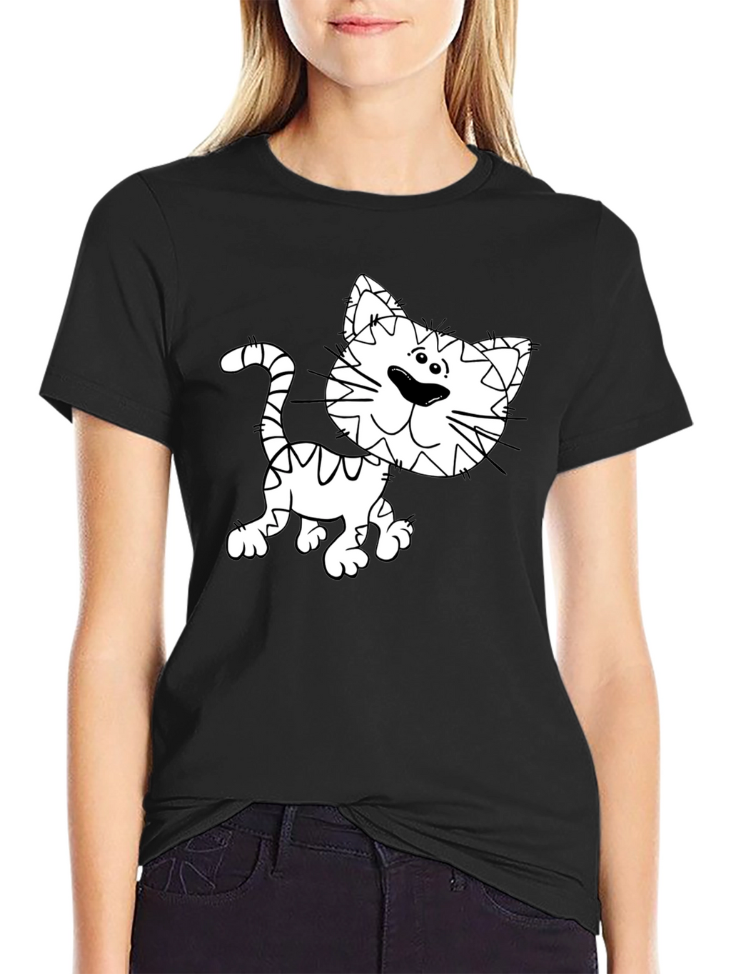 Cartoon Cat Graphic Tee - Black