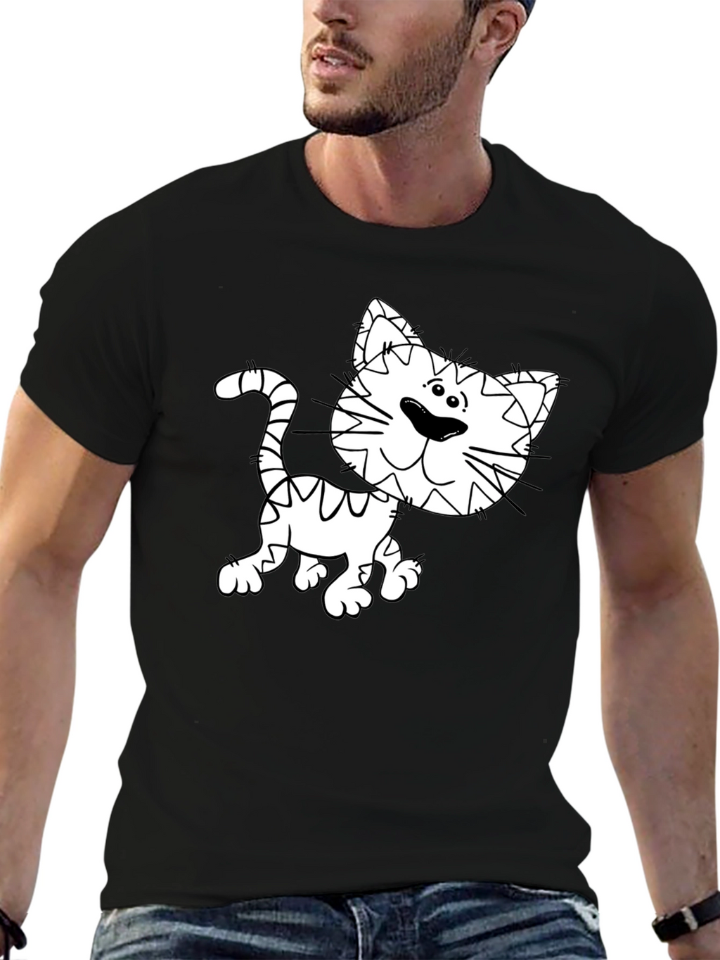 Cartoon Cat Graphic Tee - Black