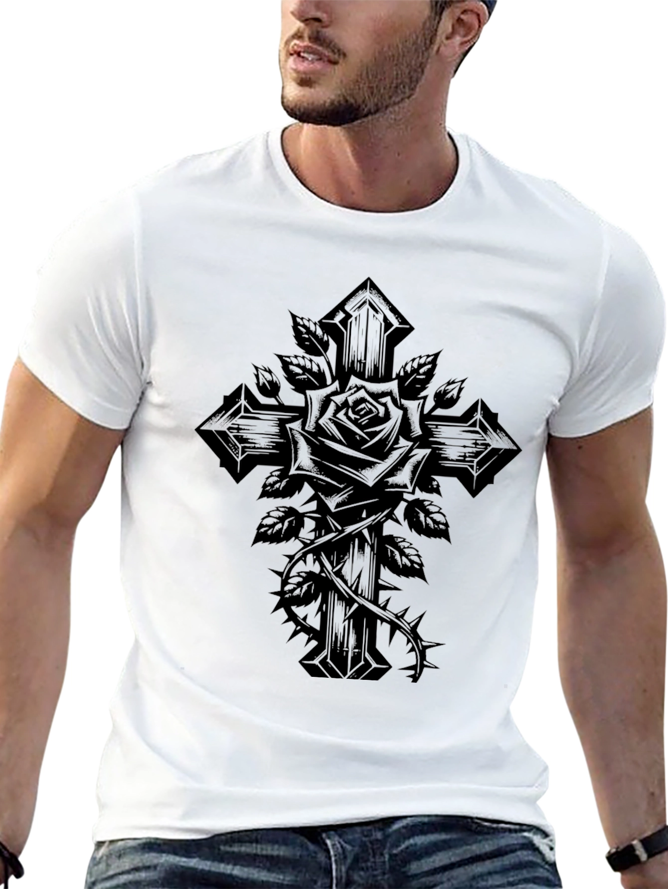 Gothic Cross Rose Graphic T-Shirt