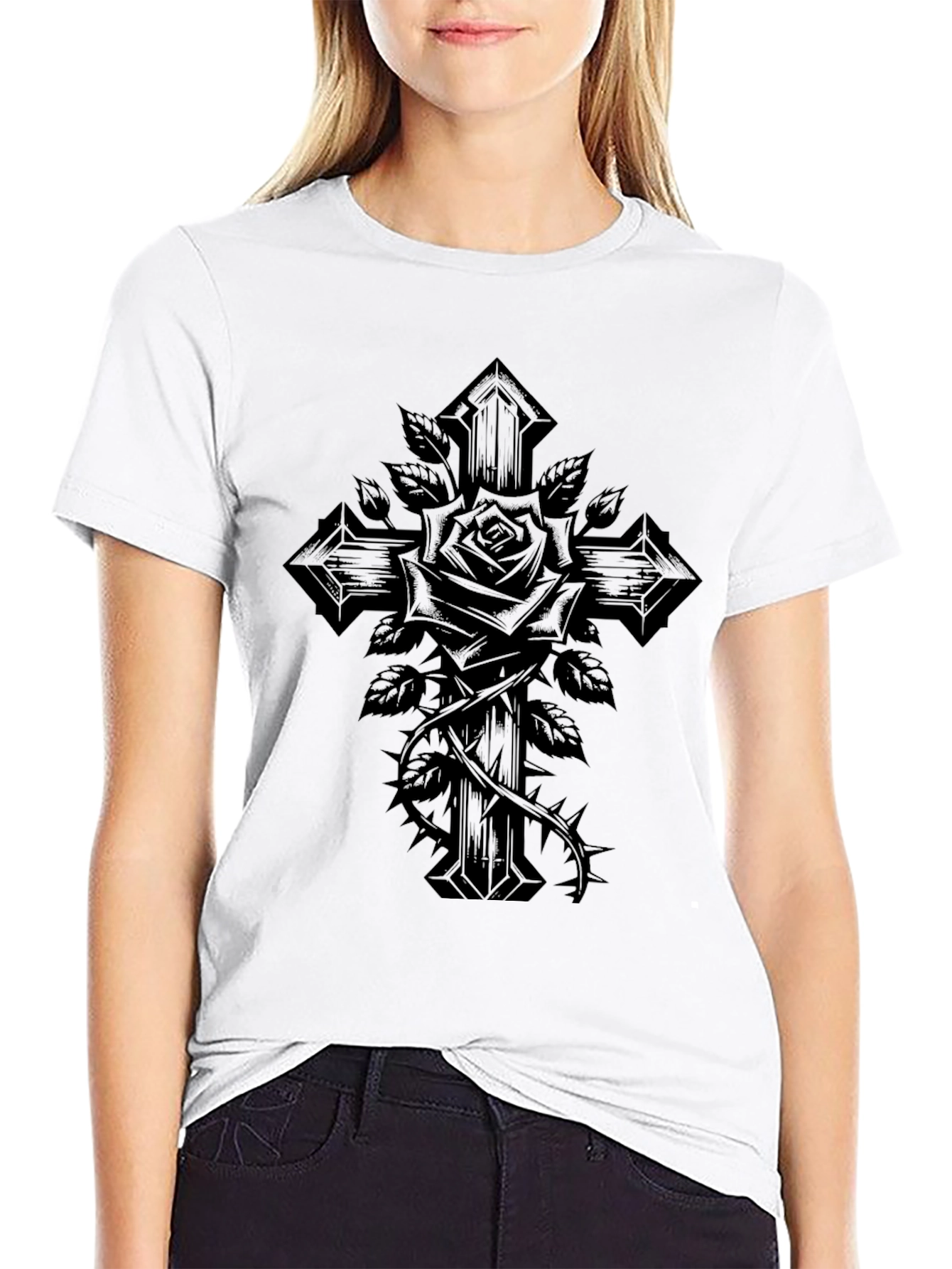 Gothic Cross Rose Graphic T-Shirt