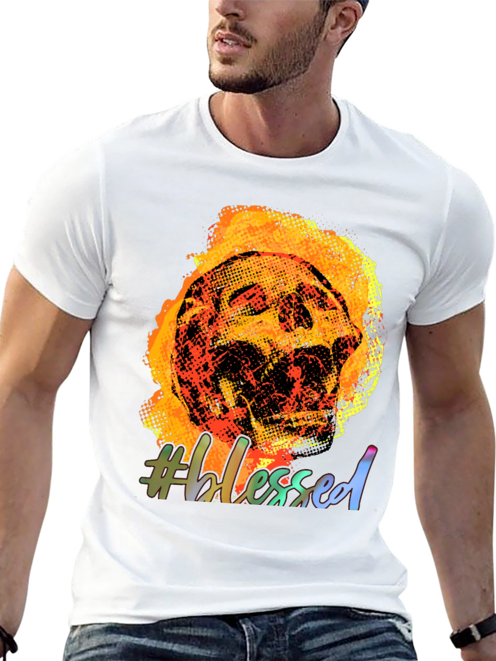 Fiery Skull #Blessed Graphic Tee - Black Cotton T-Shirt