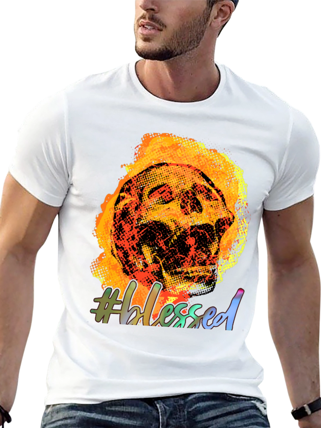 Fiery Skull #Blessed Graphic Tee - Black Cotton T-Shirt