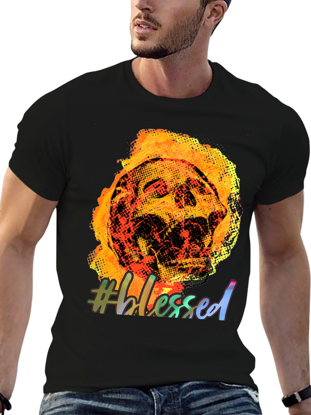 Fiery Skull #Blessed Graphic Tee - Black Cotton T-Shirt