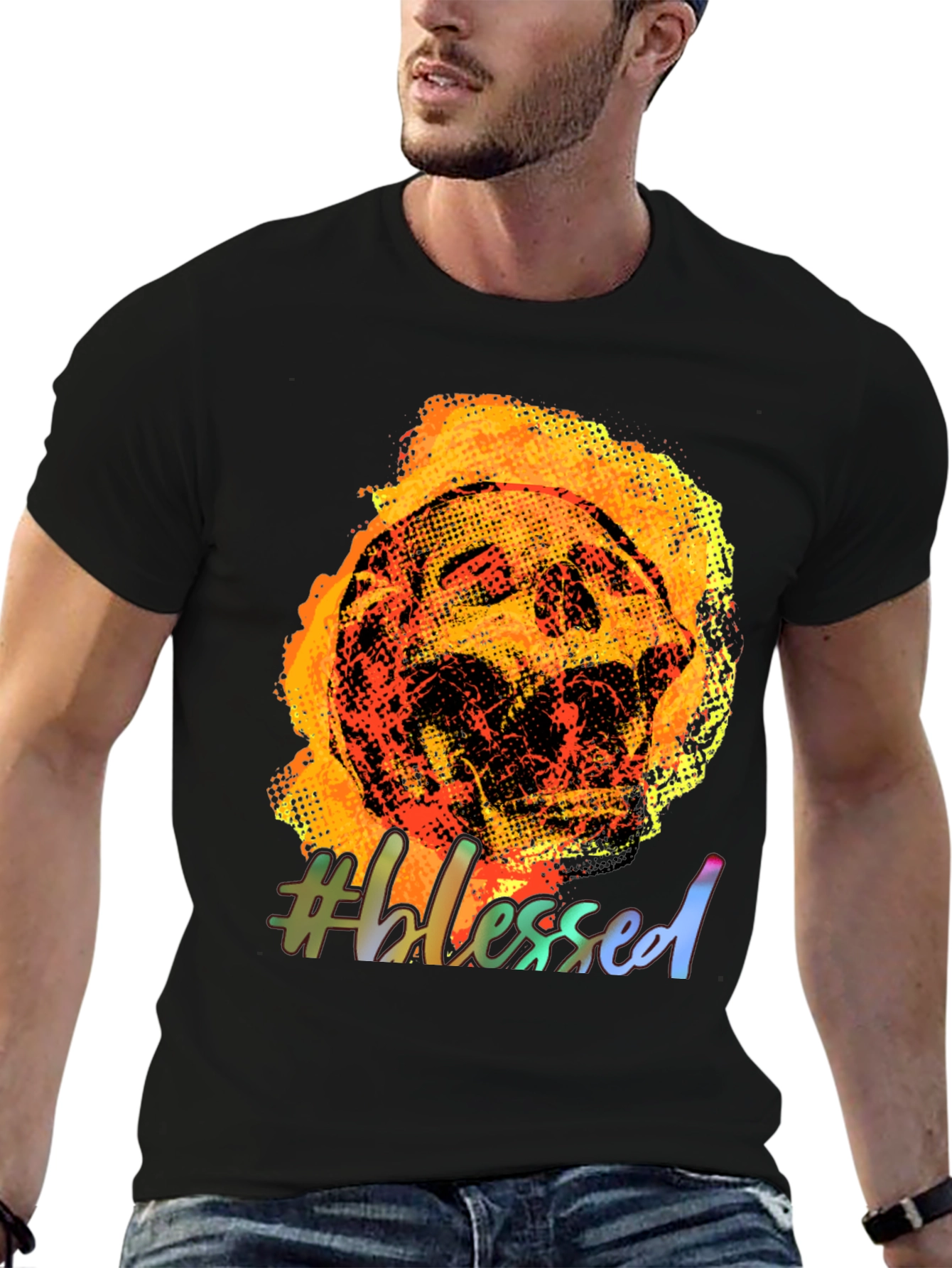 Fiery Skull #Blessed Graphic Tee - Black Cotton T-Shirt