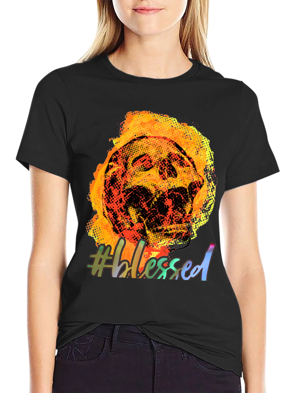 Fiery Skull #Blessed Graphic Tee - Black Cotton T-Shirt