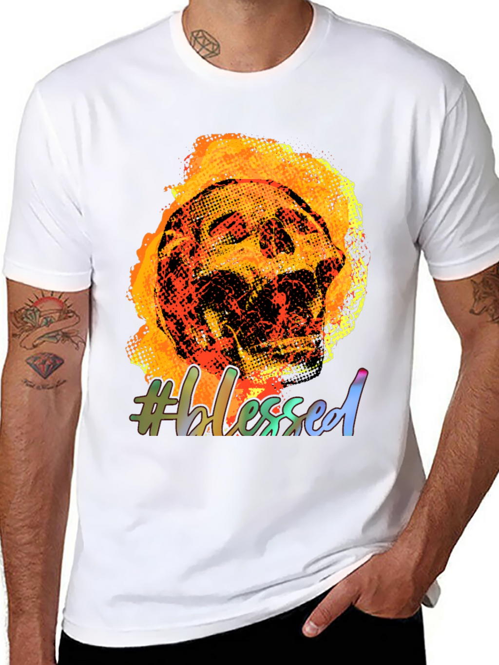 Fiery Skull #Blessed Graphic Tee - Black Cotton T-Shirt