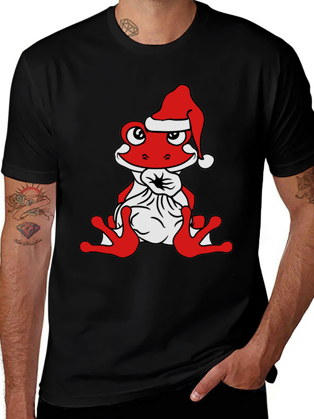 Frog with Santa Hat Black T-Shirt