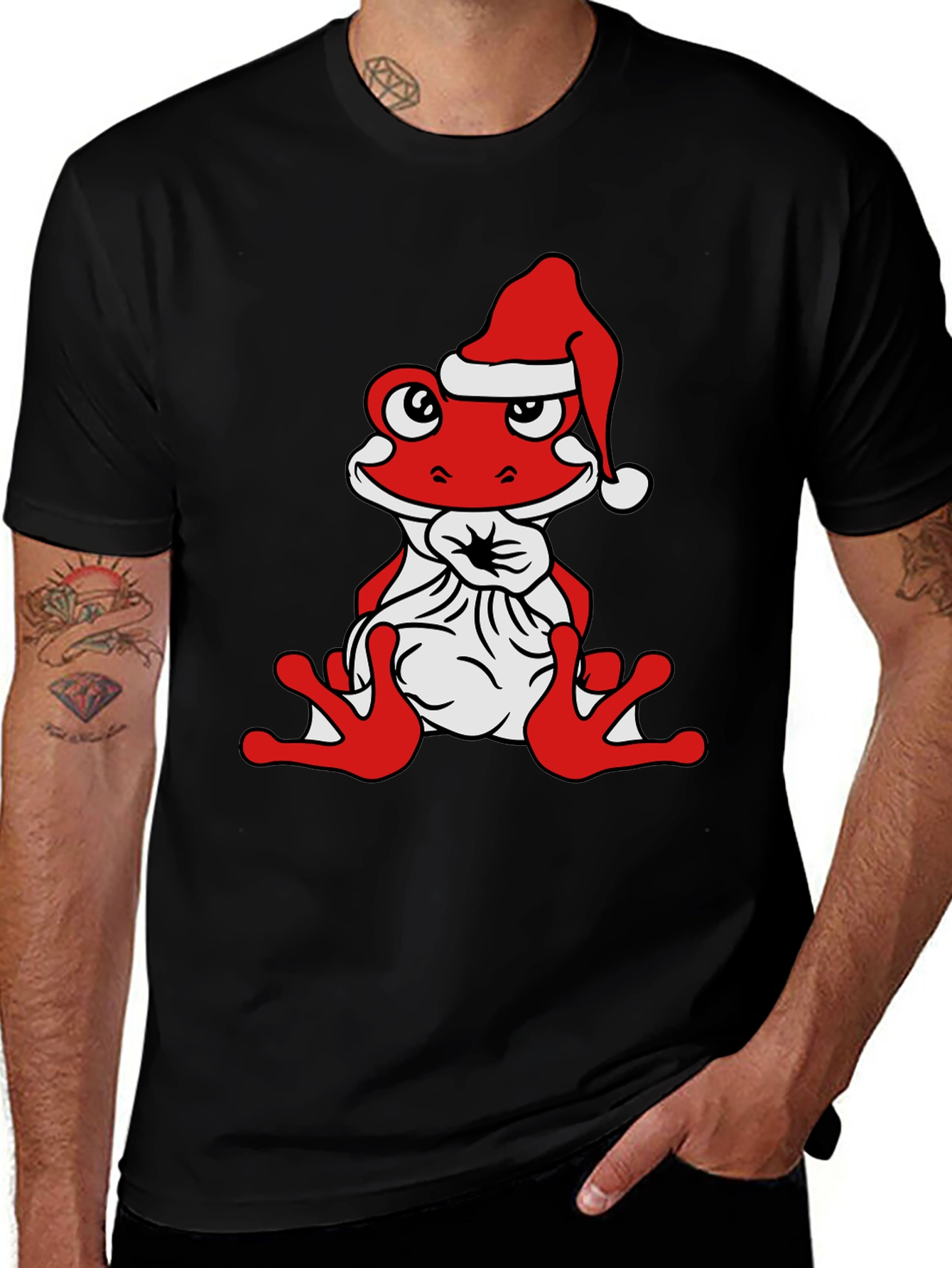 Frog with Santa Hat Black T-Shirt
