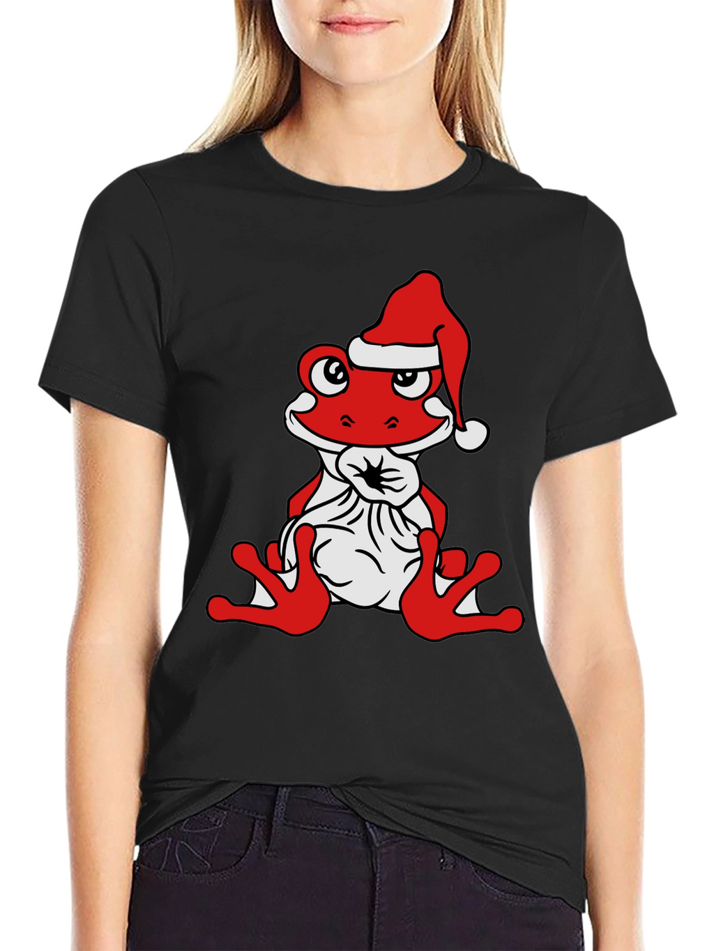 Frog with Santa Hat Black T-Shirt