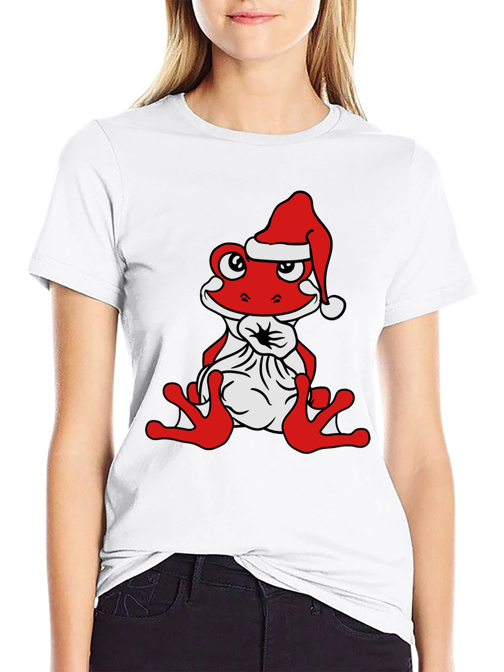 Frog with Santa Hat Black T-Shirt