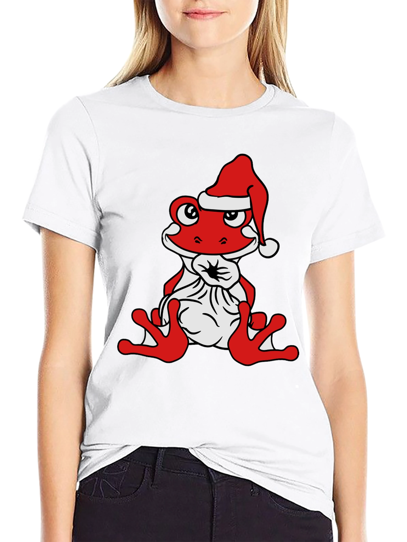Frog with Santa Hat Black T-Shirt
