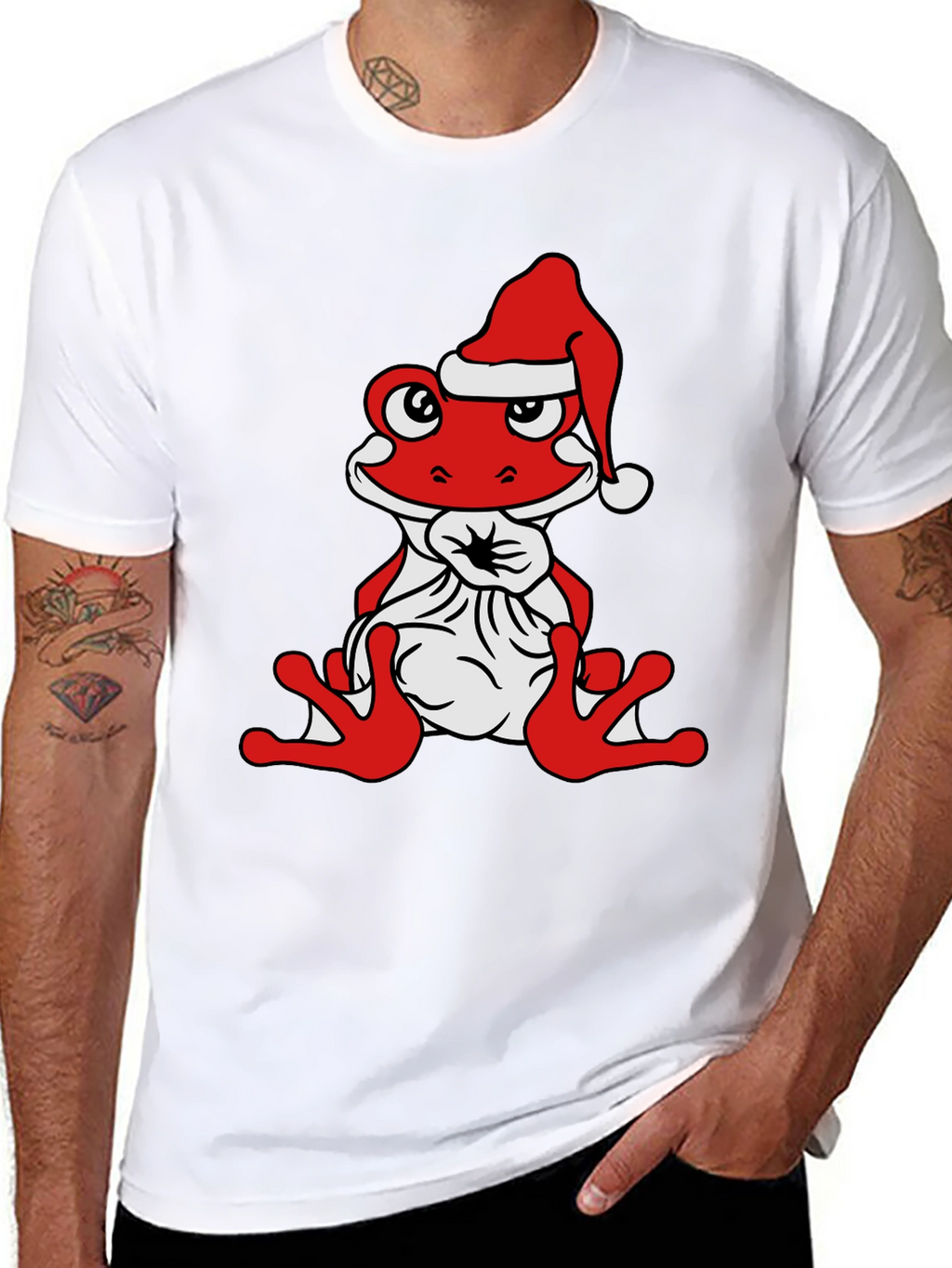 Frog with Santa Hat Black T-Shirt